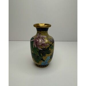 Yellow Cloisonné Brass & Enamel Vase‎ With Pink Flowers 4" Tall. Gold Accents.